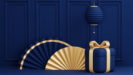 Blue Chinese New Year celebrations , Festive gift card templates with realistic 3D design elements, holiday banners, web posters, flyers, and brochures, greeting cards . 3D Rendering