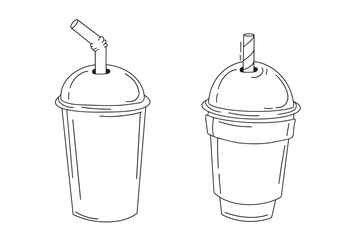 Tea, soft drinks in plastic cups, trendy dessert, vector collection.