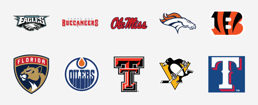 Best Sports logo Collection. Edmonton Oilers, Cincinnati Bengals, Pittsburgh Penguins, Texas Rangers Insignia, Florida Panthers, etc. Editorial vector icon.