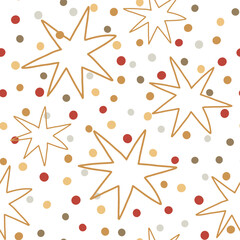 Gold star, polka dot seamless patterns for party, Christmas holiday. Baby textile design. Childish cute repeat background, wallpaper, texture, fabric. Simple hand drawn stars vector illustration.