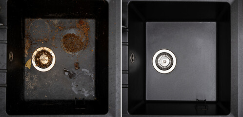 House cleaning service granite kitchen sink black with leftover bits of food before - after washing