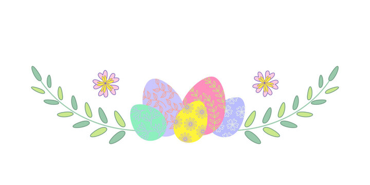 Floral decorative element with eggs. Vector isolated color illustration in outline style.