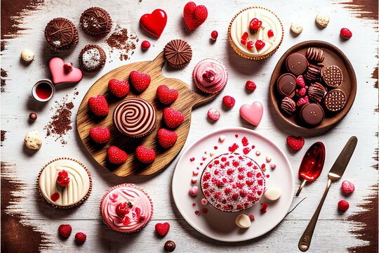 Valentines Day Table Scene With An Assortment Of Desserts And Sweets. Overhead View On A White Wood Background. Love And Hearts Theme.