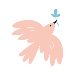 Dove of peace, cartoon style. Flying cute pigeon holding an olive branch. Trendy modern vector illustration isolated on white background, hand drawn, flat