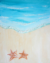Fototapeta na wymiar Drawing of bright sandy beach with white sand. Two red starfish are sunbathing. Picture contains interesting idea, evokes emotions, aesthetic pleasure. Canvas stretched. Concept art painting texture