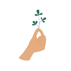 Fototapeta na wymiar Hand holds a plant. Flat Illustration on transparent background