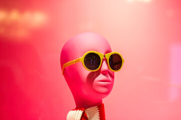 Fototapeta premium a pink display with a pink mannequin head in sunglasses and stripe scarf close up, pink wall on background