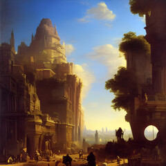 idyllic modern and  futuristic city landscape painting in baroque art style, generative ai