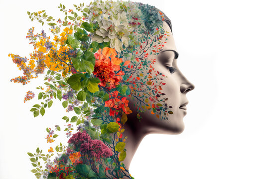 Side profile of a beautiful woman double exposure with spring flowing flowers. Generative ai
