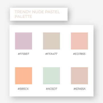 Nude pastel palette. Trendy pallete of color. Cozy color pallete. Swatch summer candy shade tone with hex code. Nft pastel colors. Super trendy color	