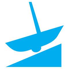 Blue and white vector graphic of a map symbol for a slipway. It consists of a blue silhouette of a sailing boat on a simple ramp