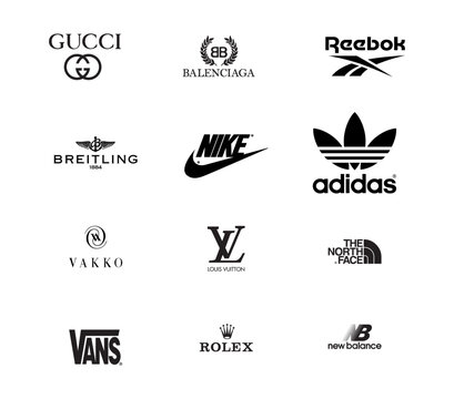 Top clothing brands logos popular of, Gucci, Balenciaga, Breitling, Nike, Reebok, adidas, Vakko, Vans, Rolex, Editorial vector.