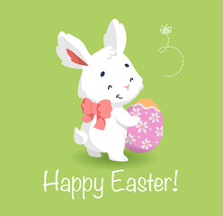 Happy easter card with cute white bunnies and easter egg. Cartoon character rabbit.