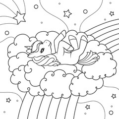 The unicorn lies on the clouds against the background of the starry sky. Coloring book. Illustration on transparent background