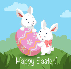 Happy easter card with cute white bunnies and easter egg on a green meadow. Cartoon character rabbit.