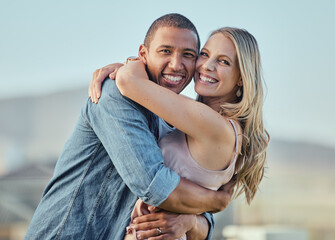 Interracial, happy couple and smile portrait hug of people in summer with happiness or love....