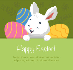 Happy easter card with cute white bunnies and easter eggs. Cartoon character rabbit.