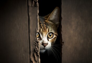 Frightened Cat Peeks Out Through Wooden Planks Generative AI