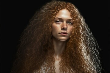 Portrait of beautiful woman with long curly hair isolated on black background. Created with Generative AI.