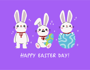 Easter bunny. Modern egg, bunnies for kids standing with egg. Rabbit or hare, spring festive animal with flower and chick. Cartoon holiday decent vector character. Rabbit character set.