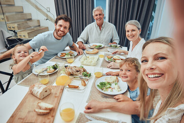Family, selfie and dinner with generations and food, parents with grandparents and children smile...