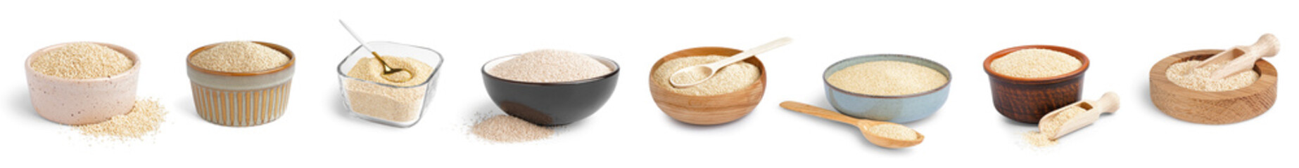 Set of bowls with amaranth seeds on white background