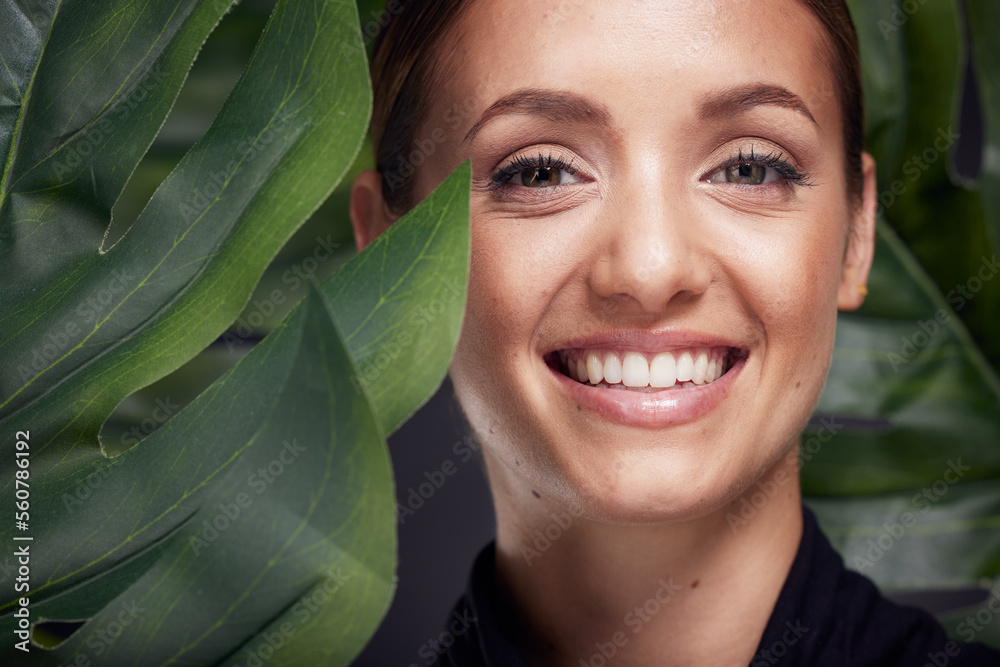 Poster Beauty, skin and face with leaf and woman, skincare with nature aesthetic, natural cosmetics and facial portrait against studio background. Smile, glow with organic cosmetic treatment and wellness.