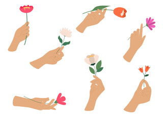 Collection of hands holding a flowers. Various hand poses. Flat Illustration on transparent background