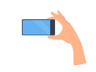 Hand holds smartphone with blank screen. Template for social networks and business. Flat Illustration on transparent background