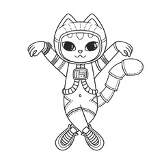 Cute dancing cat in a spacesuit. Astronaut kitten. Illustration on transparent background