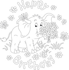 Happy birthday card with flying merry butterflies and a friendly smiling cute little elephant holding a beautiful bouquet of summer flowers, black and white outline vector cartoon illustration
