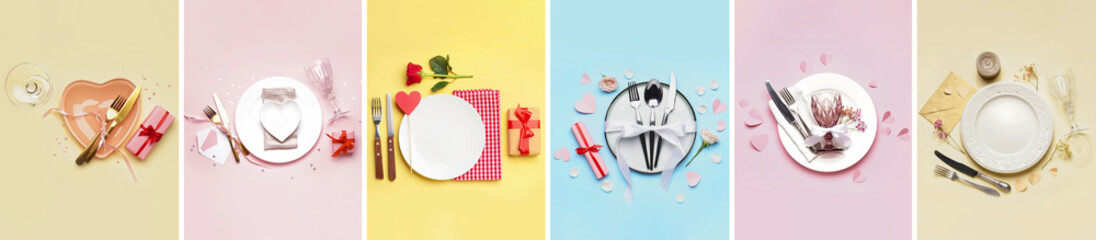 Collage of romantic table settings for Valentine's Day celebration on color background, top view