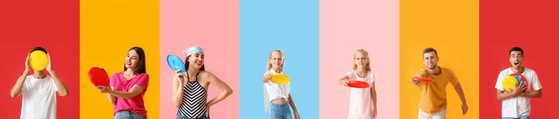 Beautiful young woman playing frisbee on color background