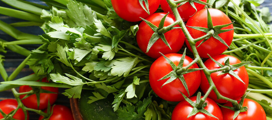 Fresh vegetables and herbs, closeup. Diet concept