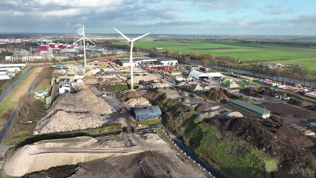 Landfill dumping ground, in Alkmaar, The Netherlands. Aerial of industrial scrapyard. Rubbisch pile with disposal ground.