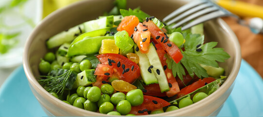 Vegetable salad with fresh green peas in bowl, closeup. Diet concept