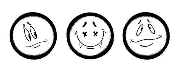 Three graffiti emoticons. Smiling face painted spray paint. Vector illustration on white background