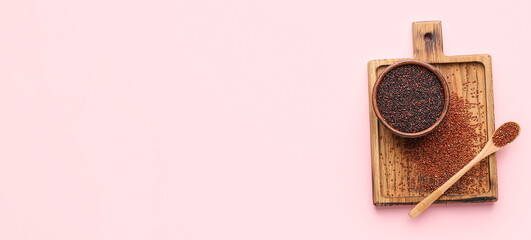 Bowl with healthy quinoa and spoon on pink background with space for text