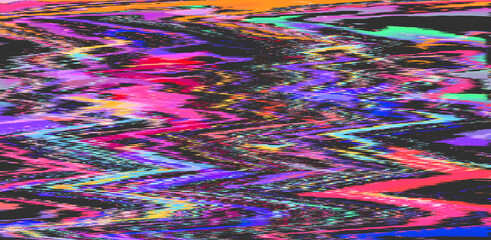 Abstract retrowave background with digital pixel noise glitch artifacts like in old video VHS tape.