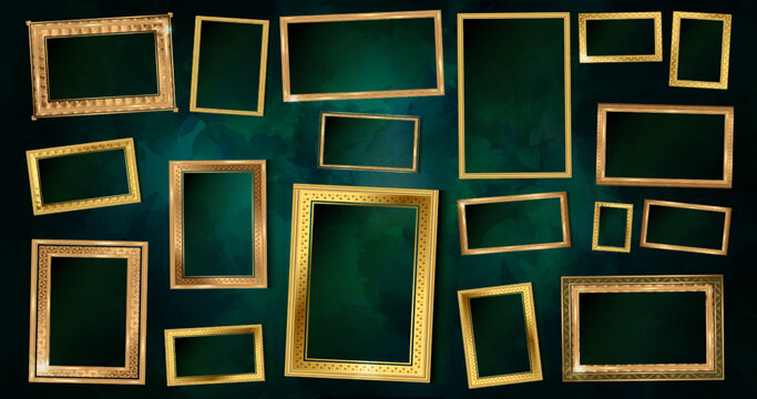 Empty painting or picture frame with golden engraved and carved Thai wooden borders. Set of decorative retro ornamental detailed picture frames. Old classic vector baroque golden frames collection.