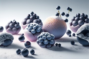 Blueberries in snow on white table and on white background. Generative AI.