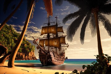 Obraz premium a pirate ship between palm trees on a tropical island. Generative AI