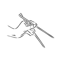 Japanese chopsticks. Hand with Chinese Sticks. Bamboo Chopsticks. Asian cuisine. Vector flat outline icon illustration isolated on white background.