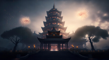 Celebrating chinese new year, chinese pagoda background with fireworks in the sky