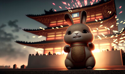 rabbit sitting on the ground in front of a pagoda celebrating chinese new year