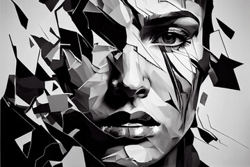 The face of a woman in black and white shattering like glass. Artwork related to mindfulness and the human psyche. Generative AI.