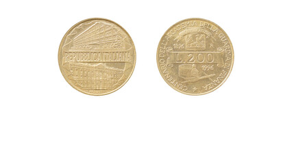 Italian 200 lire commemorative coin centenary of the Guardia Finanza Academy year 1996,obverse and...