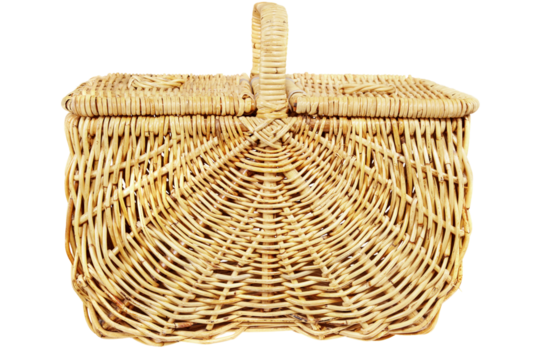 Isolated wicker picnic basket, lids closed
