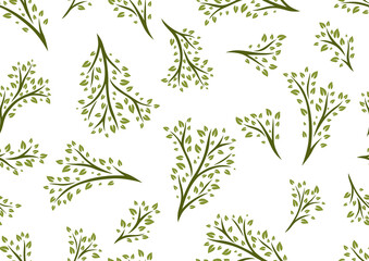 Seamless pattern of sprigs with green leaves. Decorative plants.