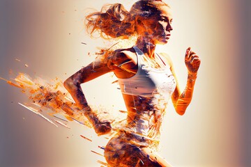 double exposure photo realistic illustration of well trained running athletic woman with a ripped feminine female body, generative ai